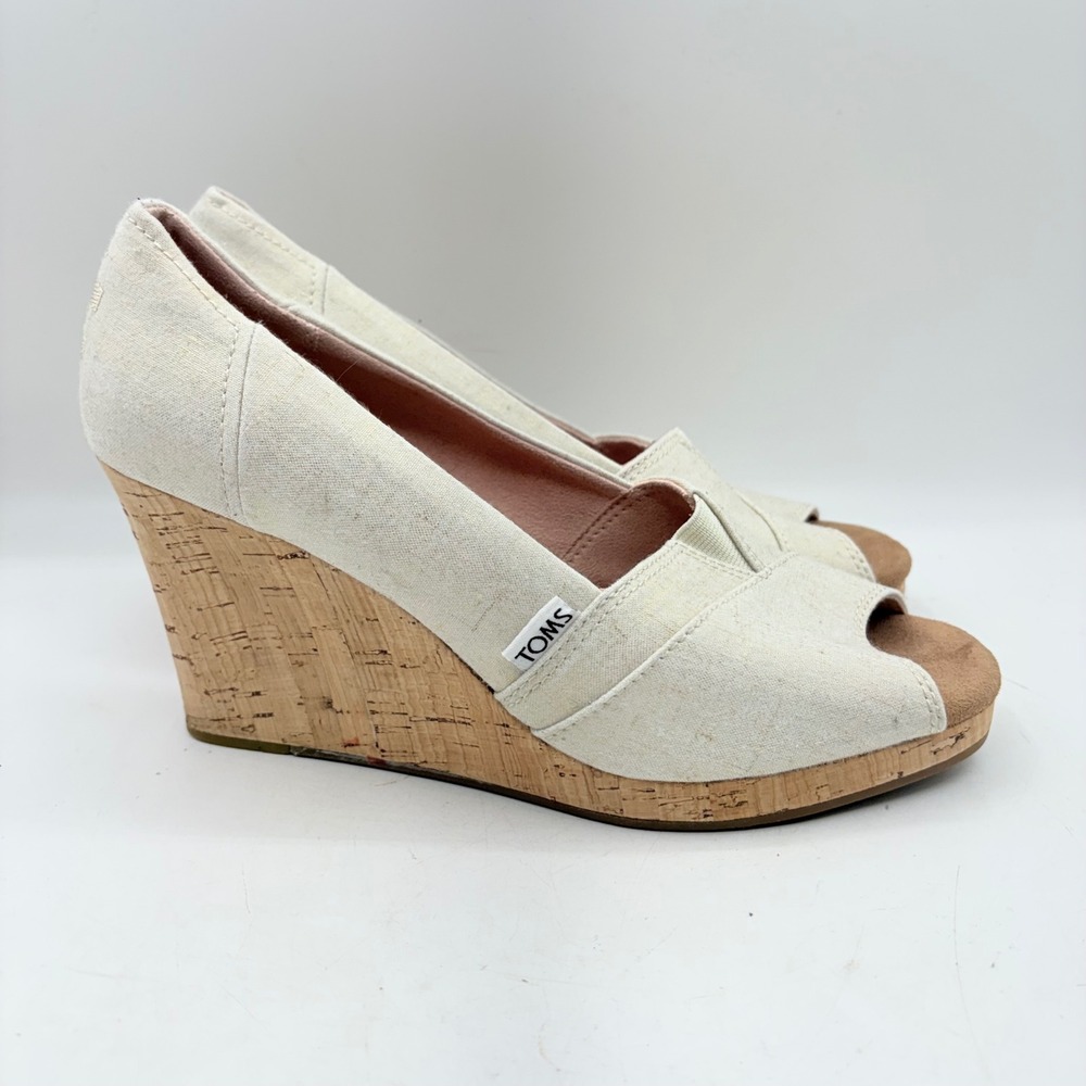 TOMS Cream Canvas Peep Toe Cork Wedge Sandals Womens Size 9 Cream Tan